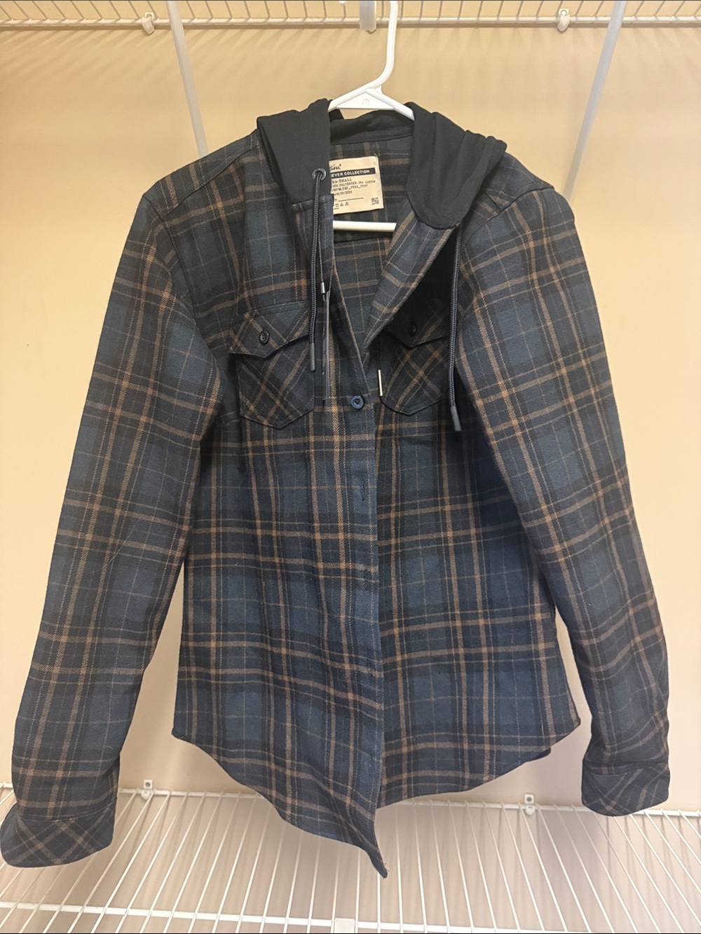 flag nor fail Blue and Brown Plaid Button-Down Shirt with Hood